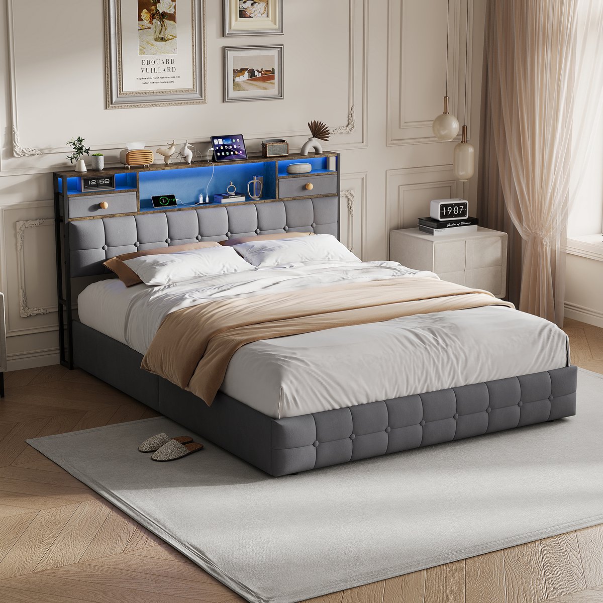 Tweepersoons opbergbed 160x200 cm - Grijs - Hydraulisch Bedframe met Ruime Opbergruimte, Hoofdbord met 2 Lades, RGB LED-Verlichting, USB & Type-C Oplaadpoorten thumbnail 3