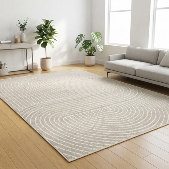 Tapis beige aux lignes concentriques et courbes blanches, dans un salon avec plantes et canapé.
