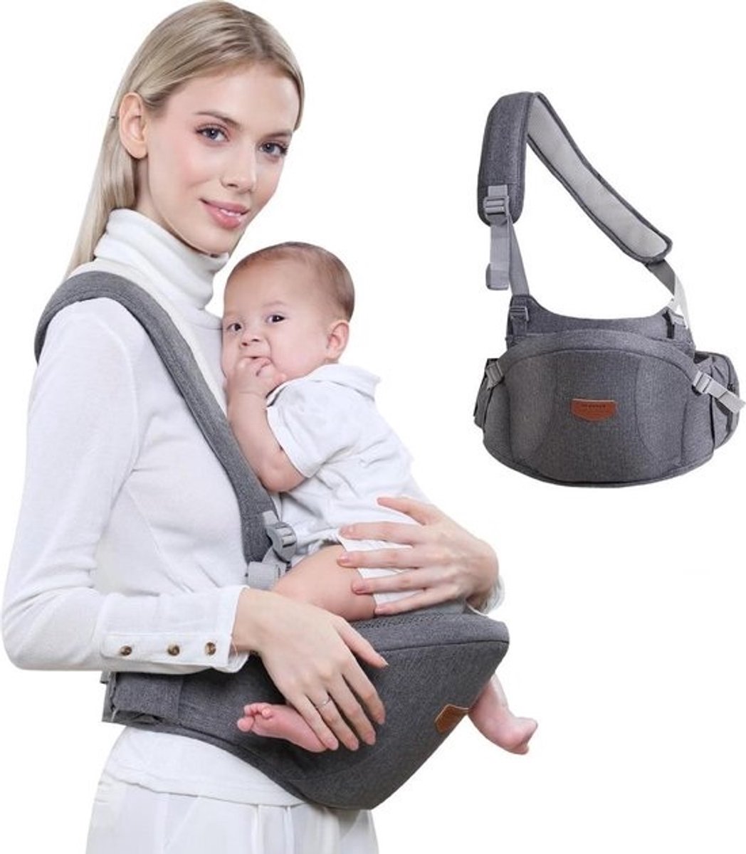 Baby-draagzak met zitvlak - Ergonomisch met verstelbare riem en vakken - Zachte basis, draagzak vooraan, 3-36 maanden, grijs