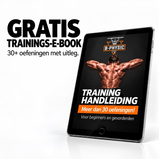Tablet met afbeelding van gespierde rug, 'Training Handleiding', meer dan 30 oefeningen.