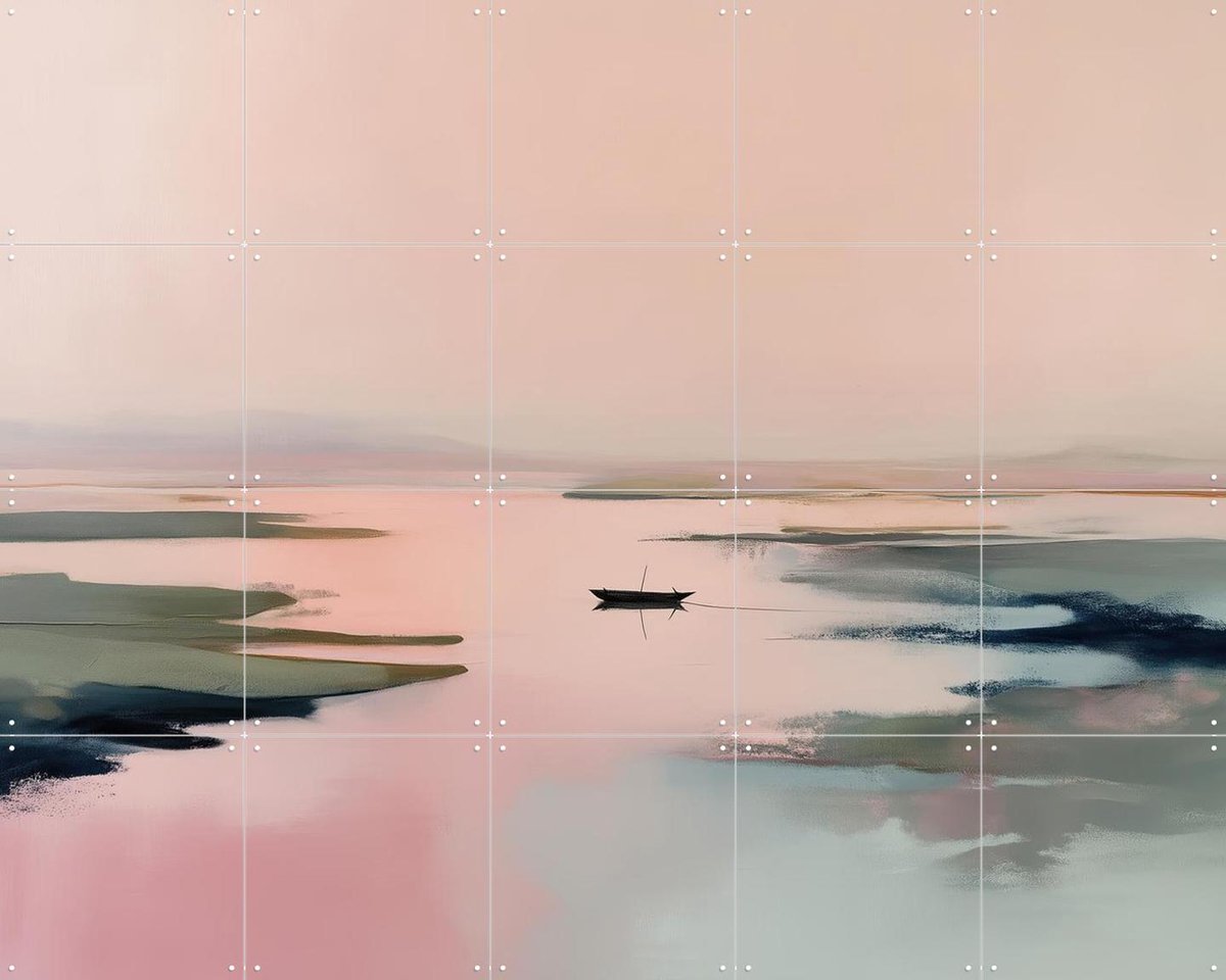 IXXI Pink Estuary Boat Landscape, Branka Kodžoman - 100 x 80 cm - Gratis ophangtool - Grote wanddecoratie en posters - Abstract, Aquarel, Trap