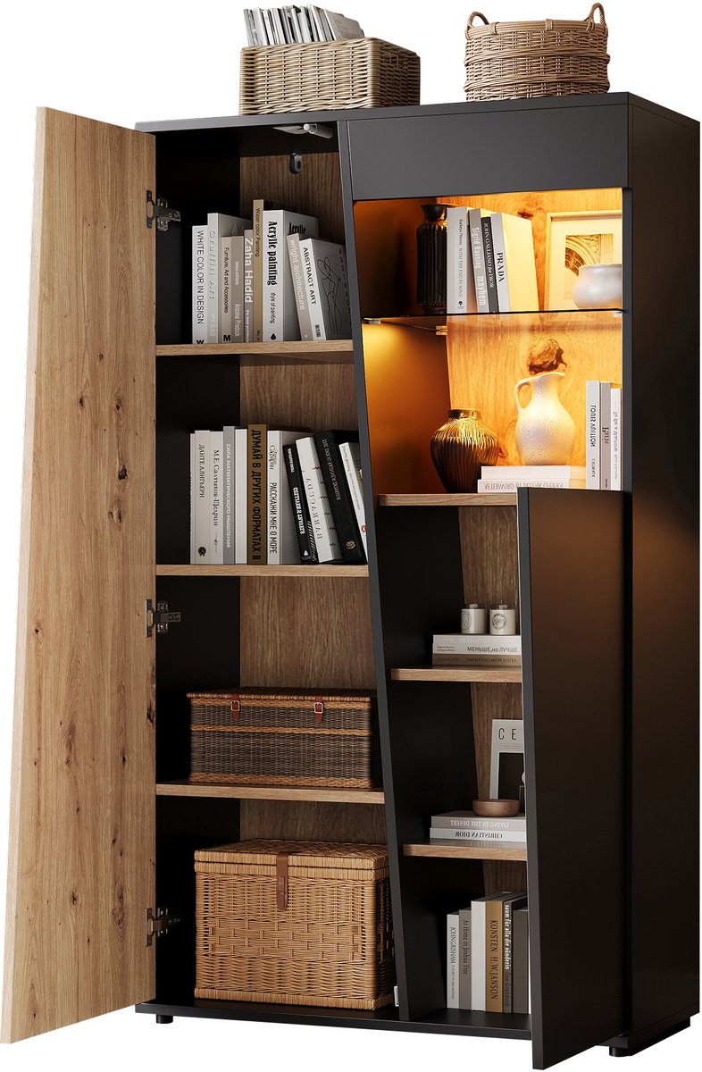 Vitrinekast Met LEDverlichting - Hoge Kast Met Glazen Deuren En Verstelbare Plank - Opbergruimte Voor Woonkamer, Kantoor Of Hal - Zwart En Houtkleur