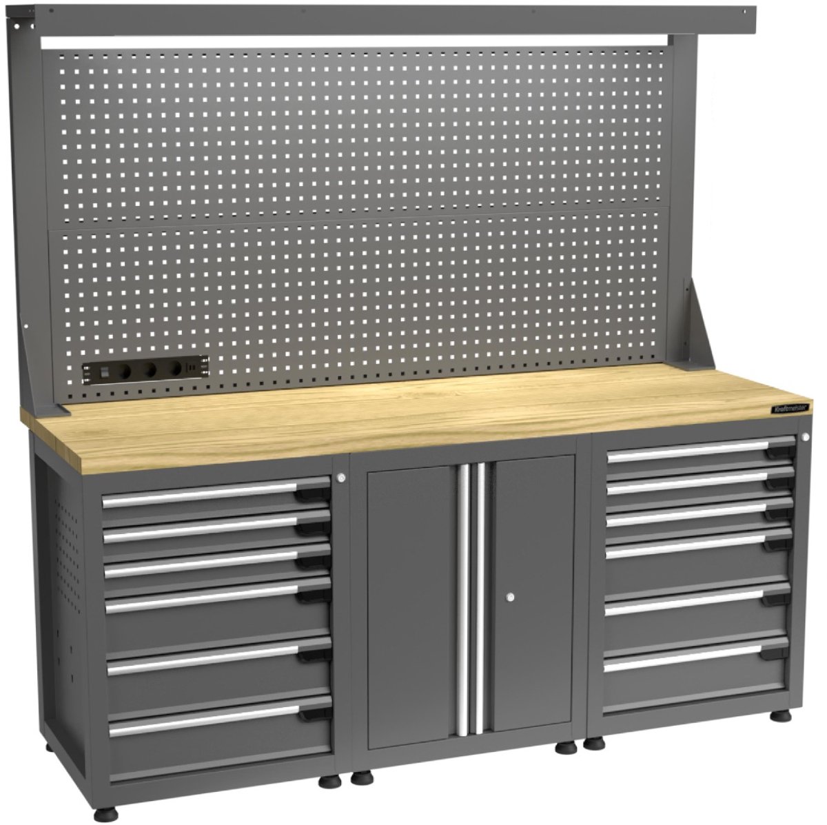 Kraftmeister werkbank 200 cm - Werktafel met gereedschapswand, 12 laden, 1 opbergkast en eiken werkblad - Grijs