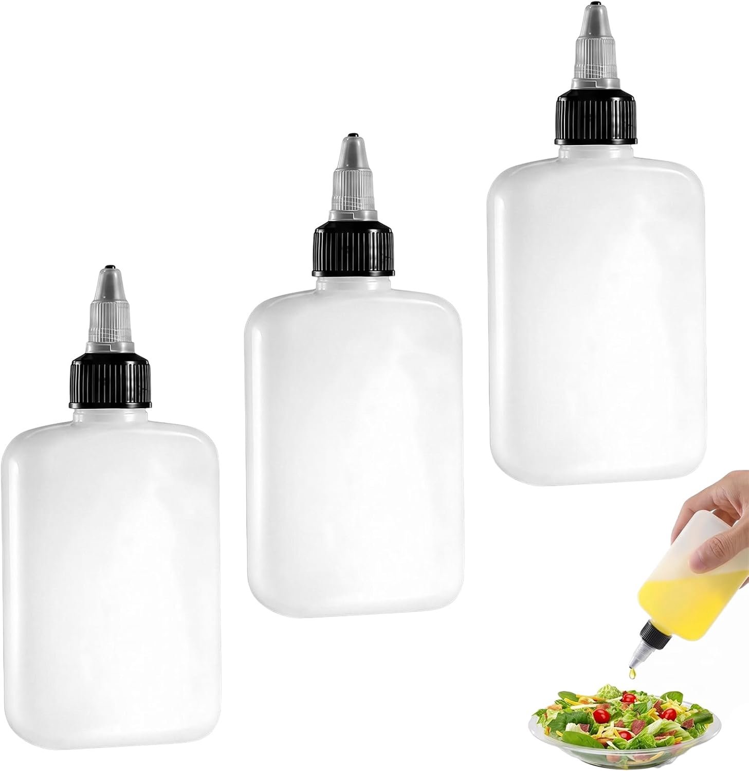 Set van 3 olie- en kruidenflessen, 100 ml, squeeze olievakje met doseerdeksel, draagbaar, voor camping en keuken, dispenser voor sauzen, ketchup en mayonaise