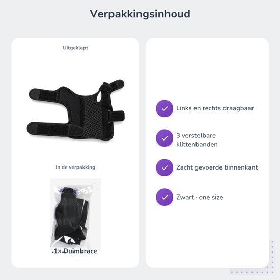 Zwarte duimbrace uitgevouwen en in verpakking. Links en rechts draagbaar, 3 verstelbare banden.