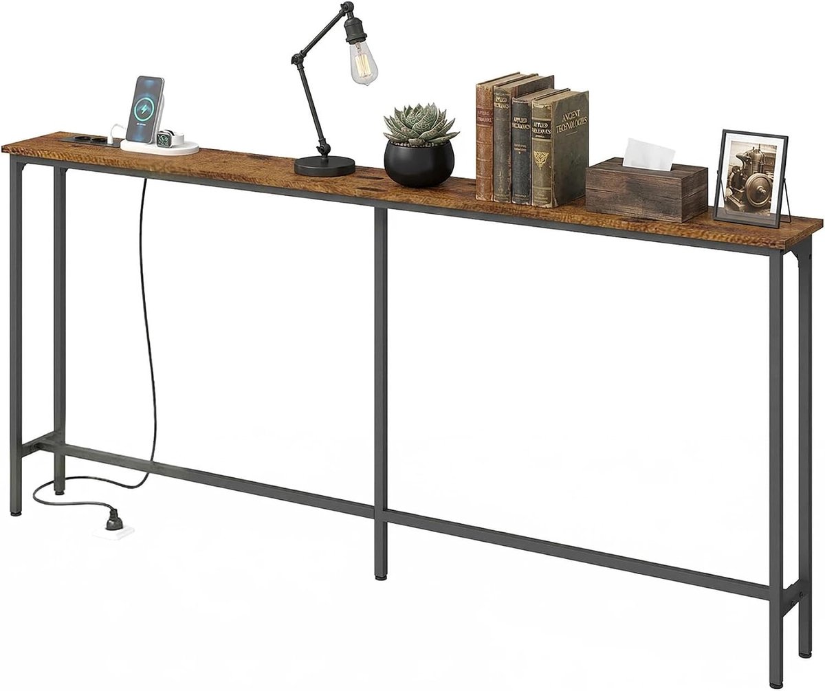 Consoletafel 180 cm breed met stopcontact voor de woonkamer, plank hal smal met 2 USB en 2 stopcontacten, smalle consoletafels in bruin met zwart metaal, vintage console-tafel, 80 cm hoog