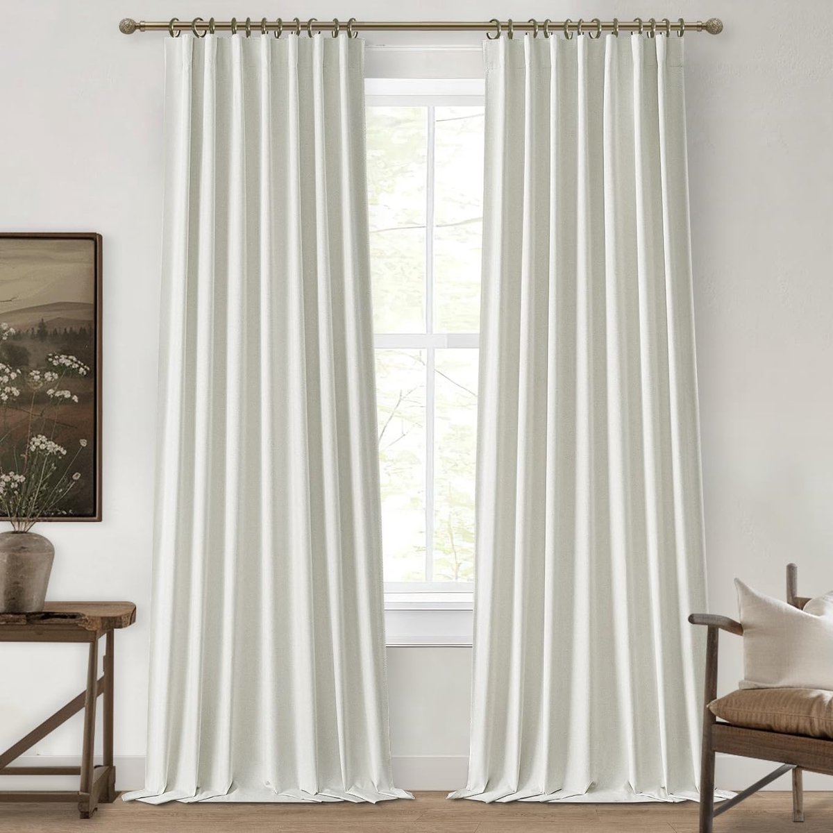 Geplooide beige gordijnen (set van 2, 244 cm lang), energiezuinig, 100% verduisterend, geluiddempend, dik, met roedetunnel, haken en ringen – voor brede ramen in slaapkamer en woonkamer
