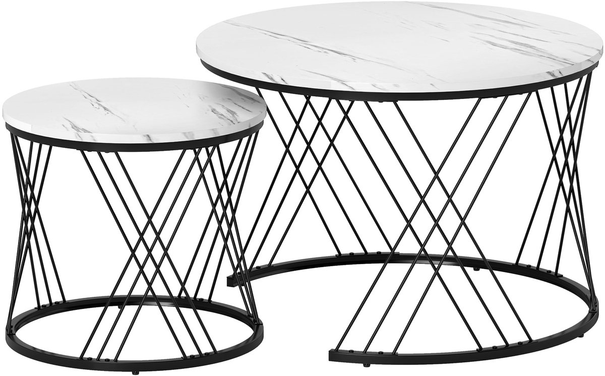Homona Salontafel set van 2 - Rond - Met marmerlook - Inklapbaar - Ø70 x 46,5 cm en Ø44,5 x 39 cm - Wit