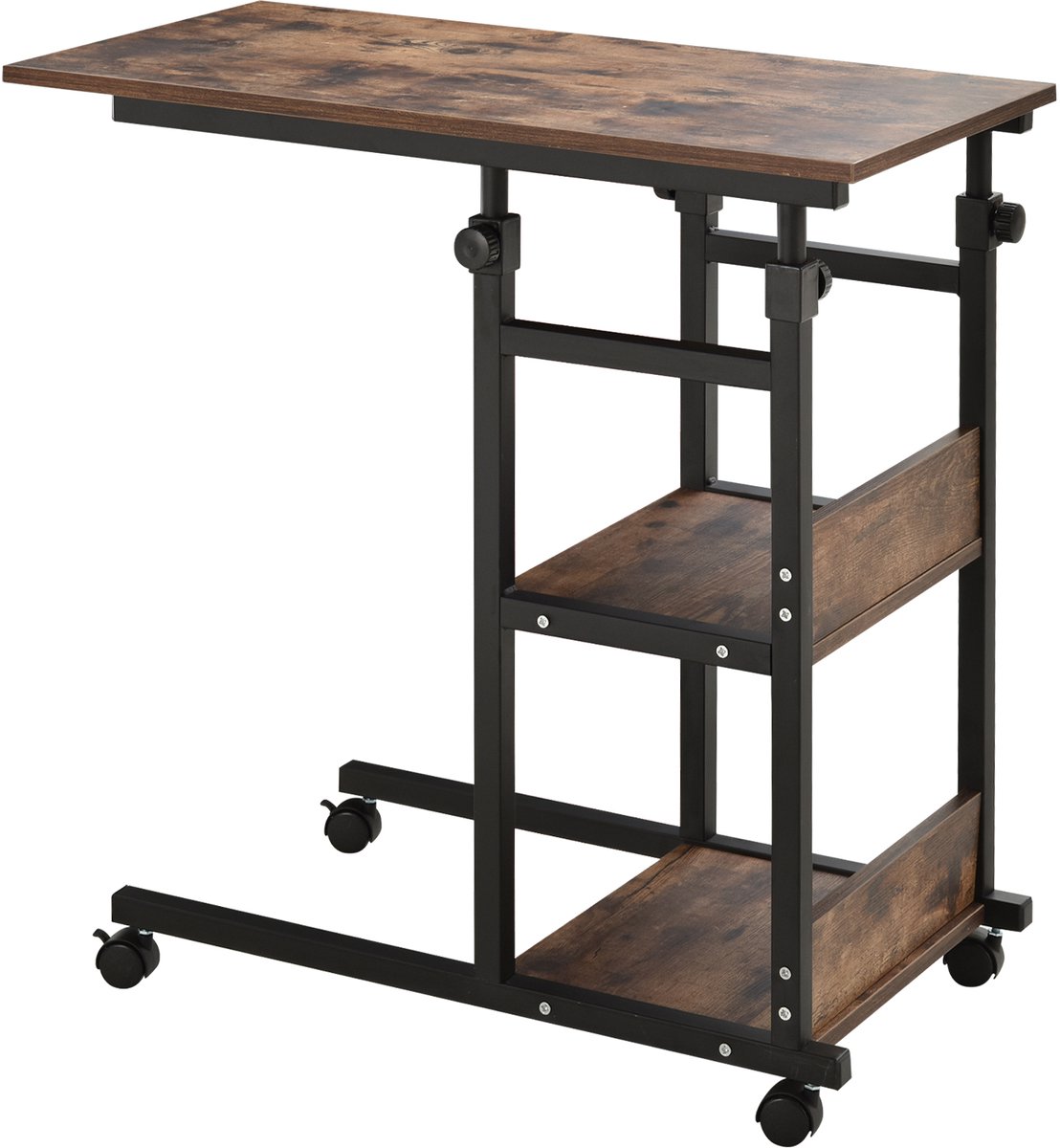 Homona Bijzettafel op wielen - In hoogte verstelbaar - Met 2 legplanken - 80 x 40 x 72-82 cm - Rustiek bruin