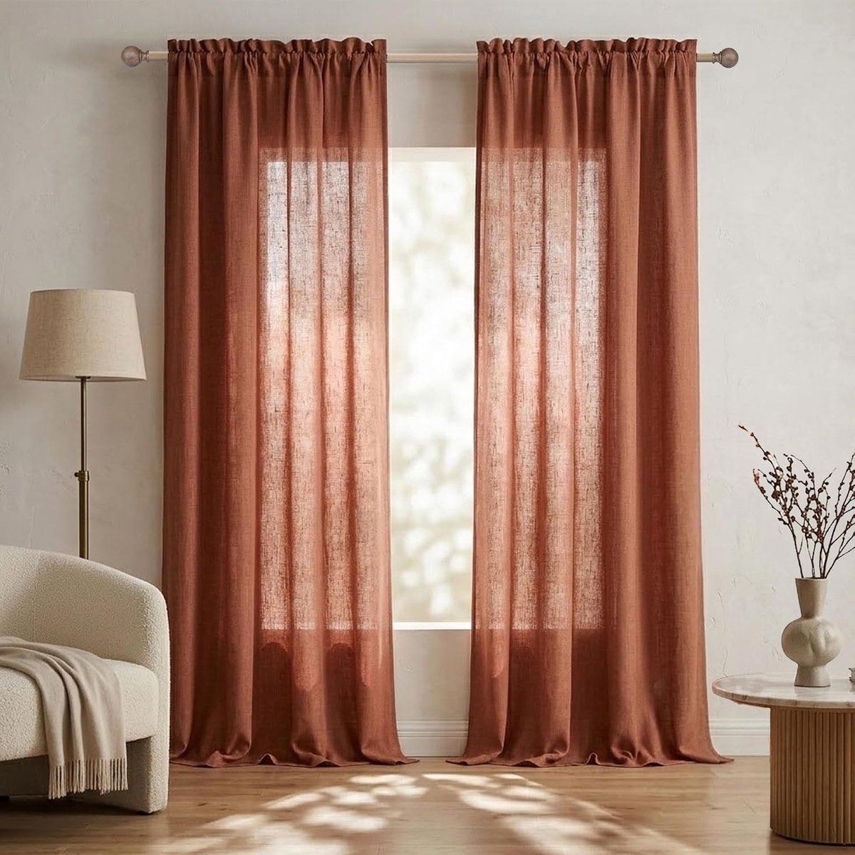 Gordijnen van 244 cm lang, set van 2, met roedezak, lichtgewicht, semi-transparant, linnen, voor woonkamer en kinderkamer, roestkleurig, terracotta, oranjerood, 132 x 244 cm