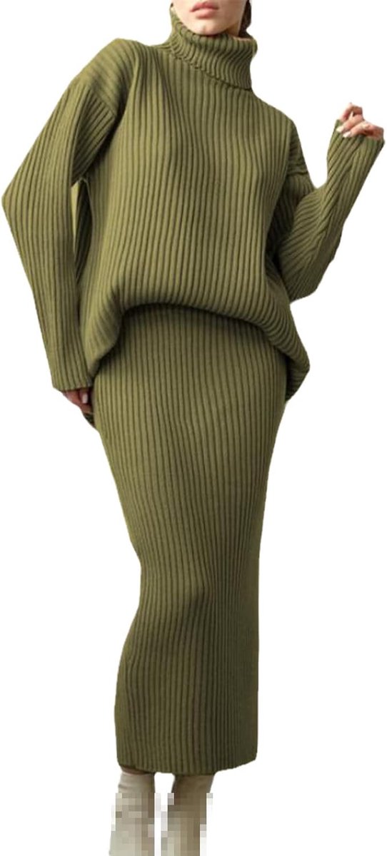 Gebreide Sets Vrouwen Casual Twee Stukken Coltrui en Midi Rok Vrouwelijke Warme Pakken Met Rok, Groen, one size