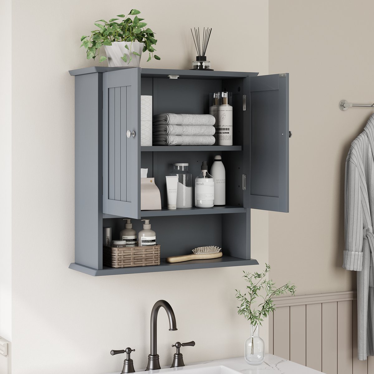 Badkamerkast Met 2 Deuren - Wandkast Met Open Vakken En Verstelbare Planken - Opbergkast Voor Toilet En Badkamer - MDF - Lichtgrijs - 54,6 x 19,8 x 60 cm