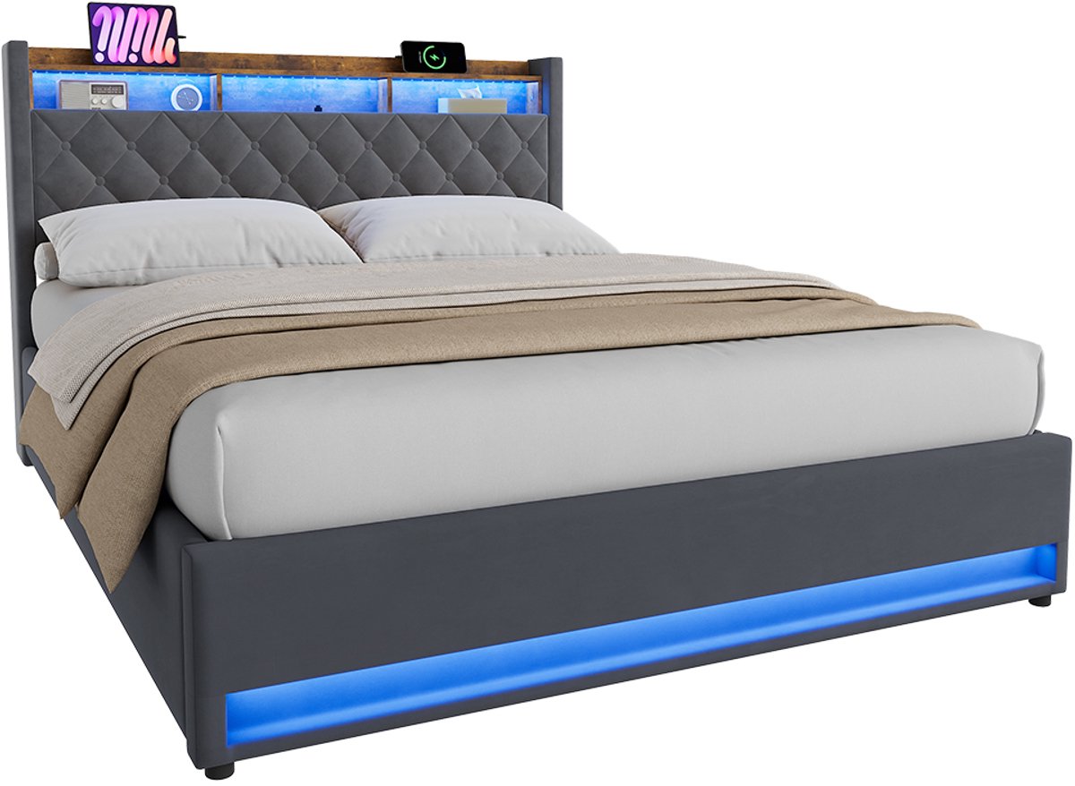 MODENUIT Gestoffeerd Bed 160x200 cm - Met Opbergruimte en USB Aansluiting met LED Licht - Zonder Matras - Fluweel Donkergrijs