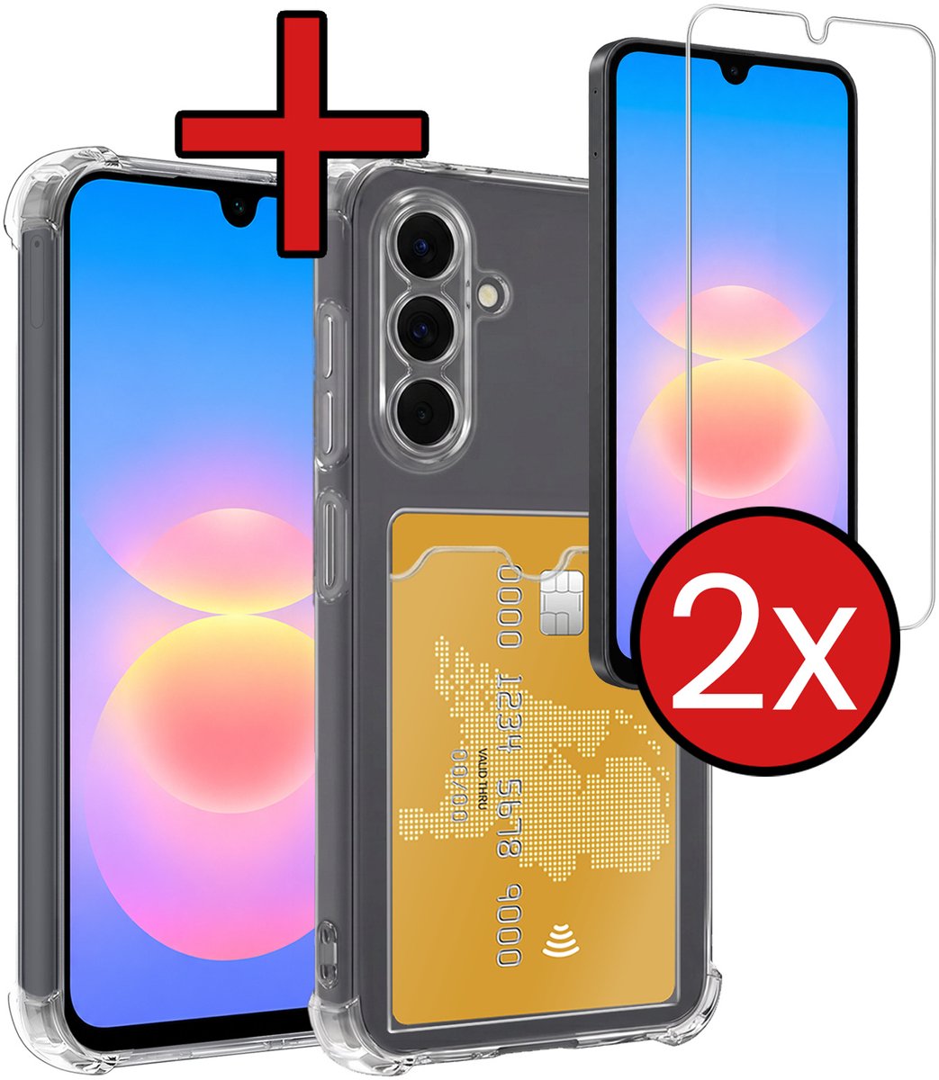 Hoesje - Geschikt voor Samsung Galaxy A18 - Met 2x Screenprotector - Pashouder - Kaarthouder - Back Cover - Telefoon Hoes Shockproof - Siliconen Case - Shock Proof - Pasjes Houder - Telefoonhoes - Transparant