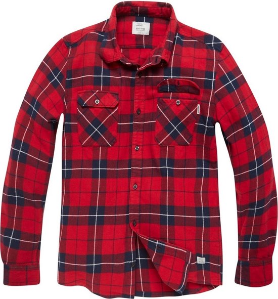 Rood flanellen overhemd met blauw-witte ruit en twee borstzakken met klep.