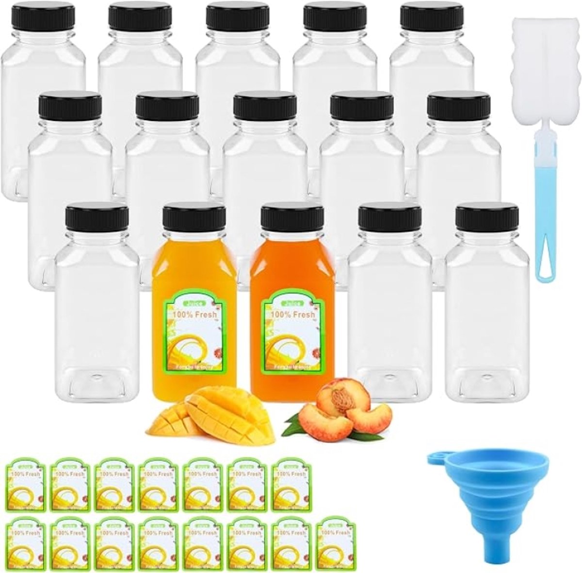 15 stuks 250 ml sapflessen met deksels - herbruikbare doorzichtige plastic flessen set met trechter, borstel en stickers voor sap, drank en minikoelkast