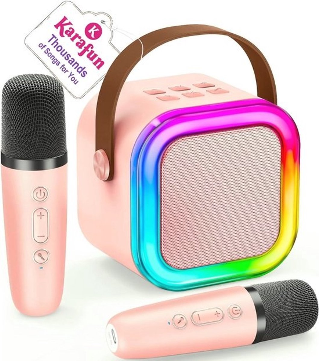 Mini karaoke machine voor kinderen - TOP speelgoed verjaardagscadeaus voor meisjes 4-12 jaar - draagbare MP3-speler met 2 draadloze microfoons voor feesten