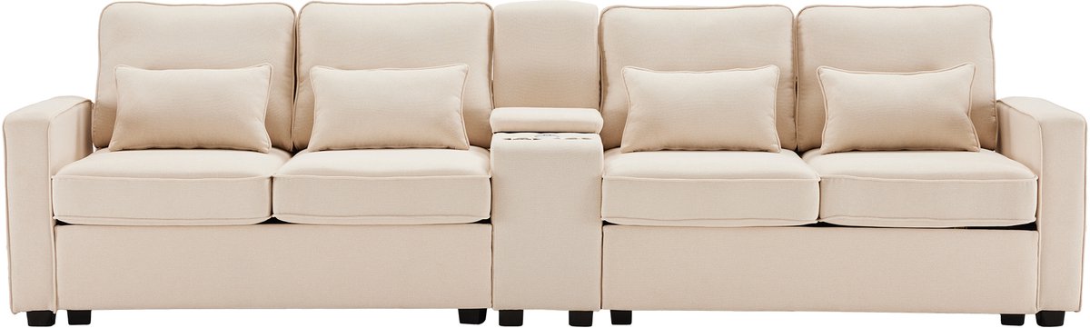 MEUBLE COSY 4-Zitsbank - 290cm Met console, bekerhouders en 4 kussens - Beige
