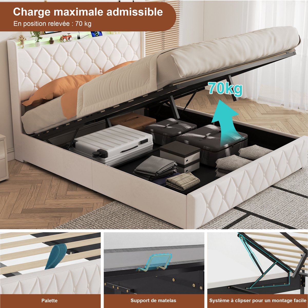 Gipfel Deutschland Fluwelen Opbergbed 140x200 cm met LED Verlichting - afbeelding 3