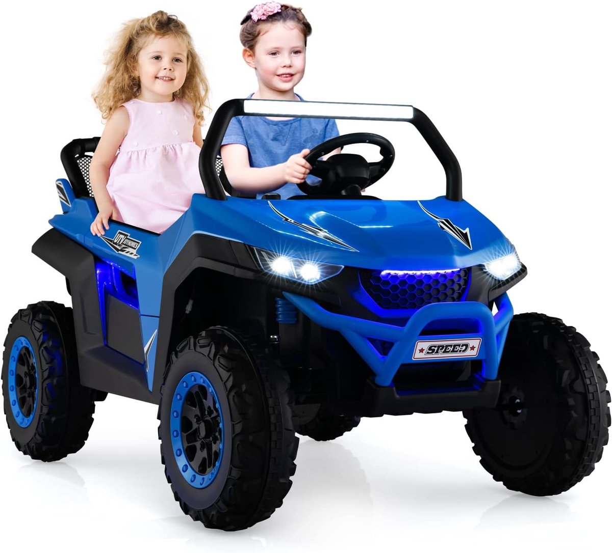COSTWAY 2-zits kinderauto met 2,4G afstandsbediening, 12V kinderUTV met muziek en koplamp, Auto 2-4 km/u, voor kinderen vanaf 3 jaar (blauw)