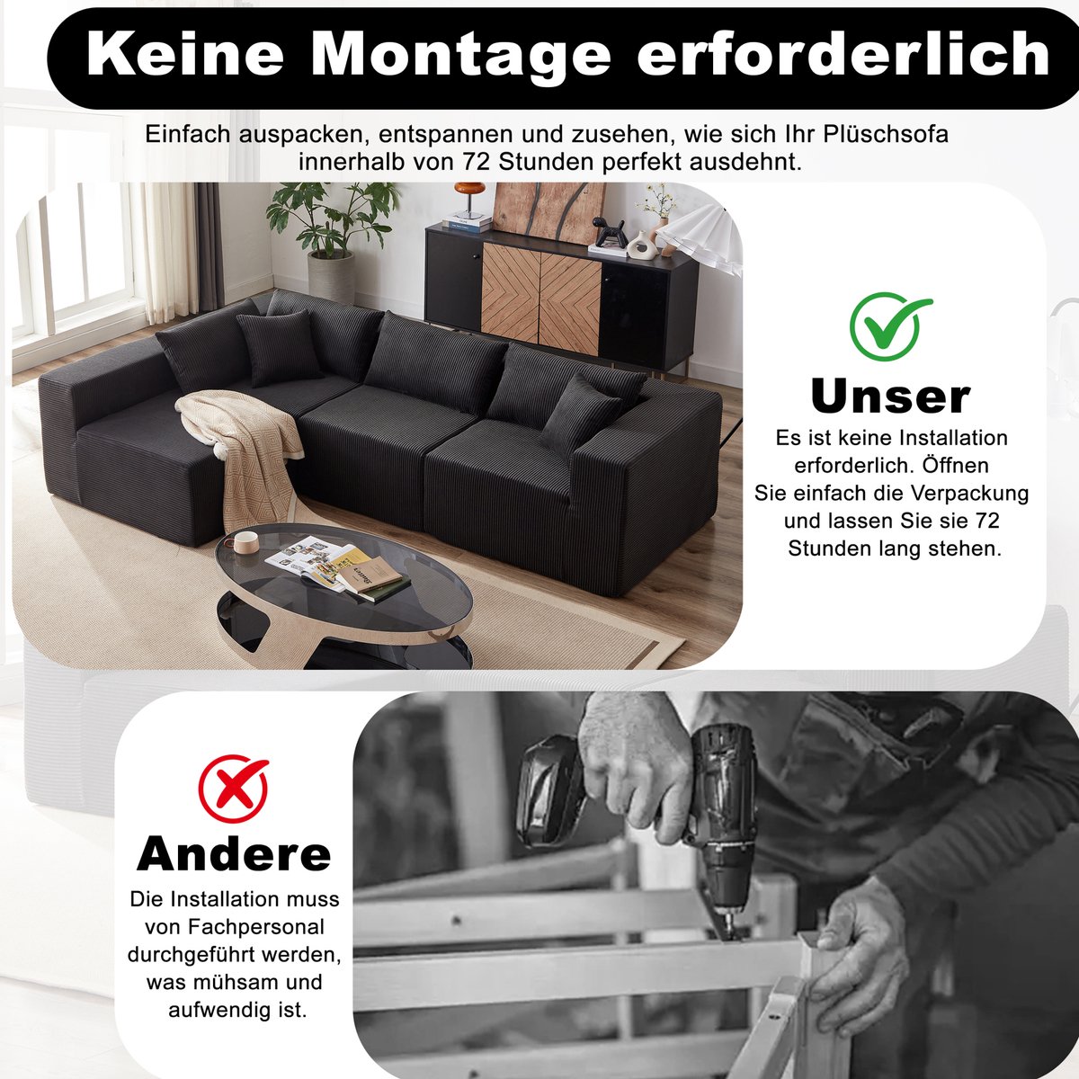 OKWISH Modulaire Bank – 4-Zits L-Vormige Set – Corduroy Bekleding – Vrij Te Combineren – Zonder Montage – Voor Woonkamer En Slaapkamer – Zwart