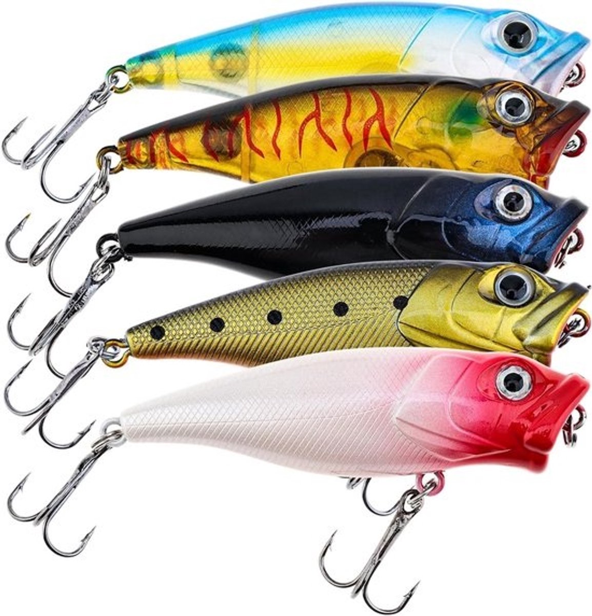 Vijf stuks kleurrijk 3D-ogen-topwaterkunstaas - Hardbaits voor baars- en zoetwatervissen