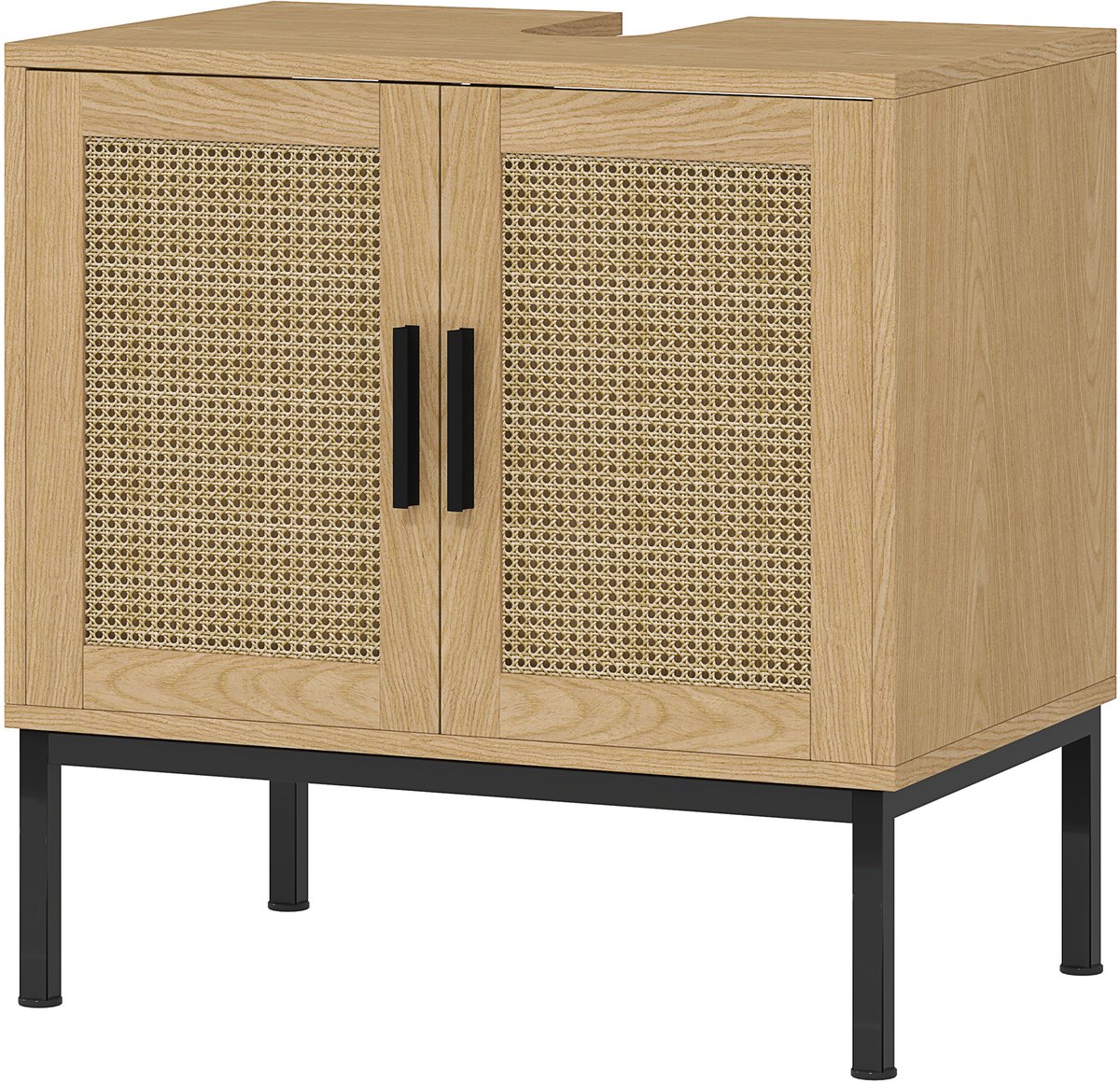Wastafelonderkast - Met Rotanlook En Metalen Poten - Boho - Voor Badkamer - Houtmateriaal - Eikenhout - 60 x 39 x 60 cm