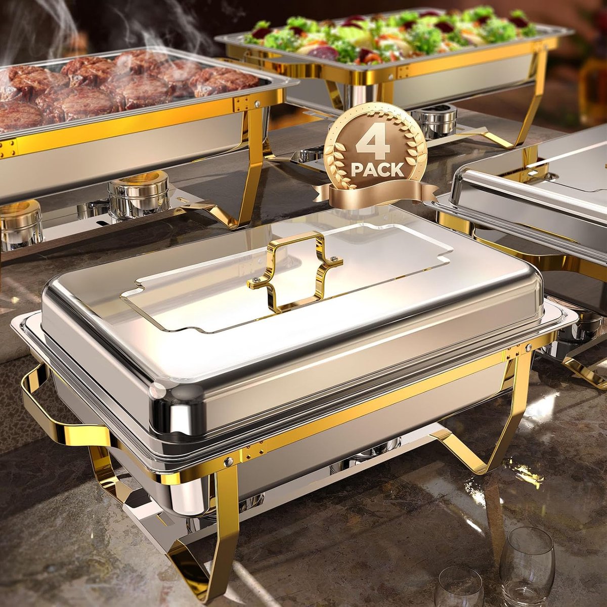 Gerechten voor buffet 4-pack, 9QT [elegante gouden en zilveren kleuren] voedselverwarmers voor feesten buffet [stevig en hoogwaardig] Chafing Dish Buffet Set voor elk feest met complete set