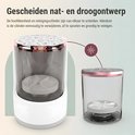 Witte elektrische reiniger voor make-upkwasten, met scheidbare transparante container met koperkleurige rand.