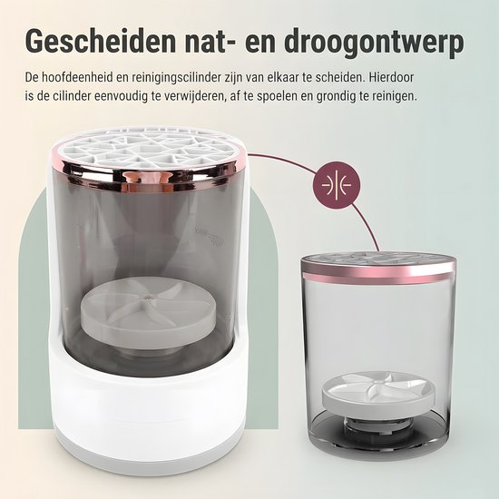 Witte elektrische reiniger voor make-upkwasten, met scheidbare transparante container met koperkleurige rand.