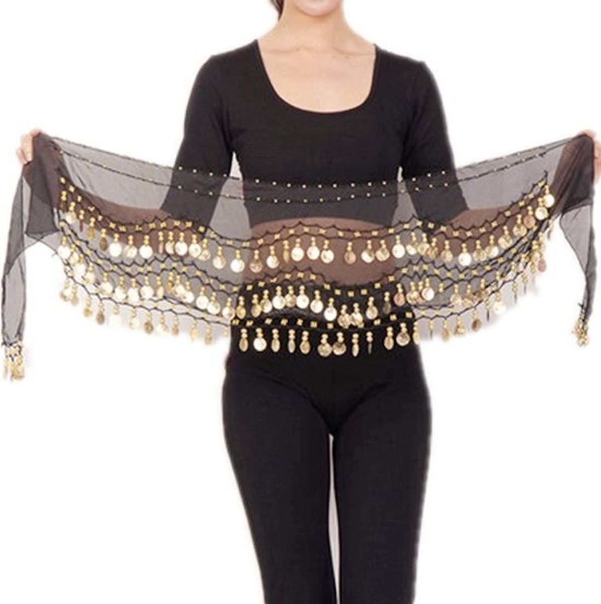 Belly dance-heupdoek met gouden munten - zwart - EU 32 - 150 x 27 cm