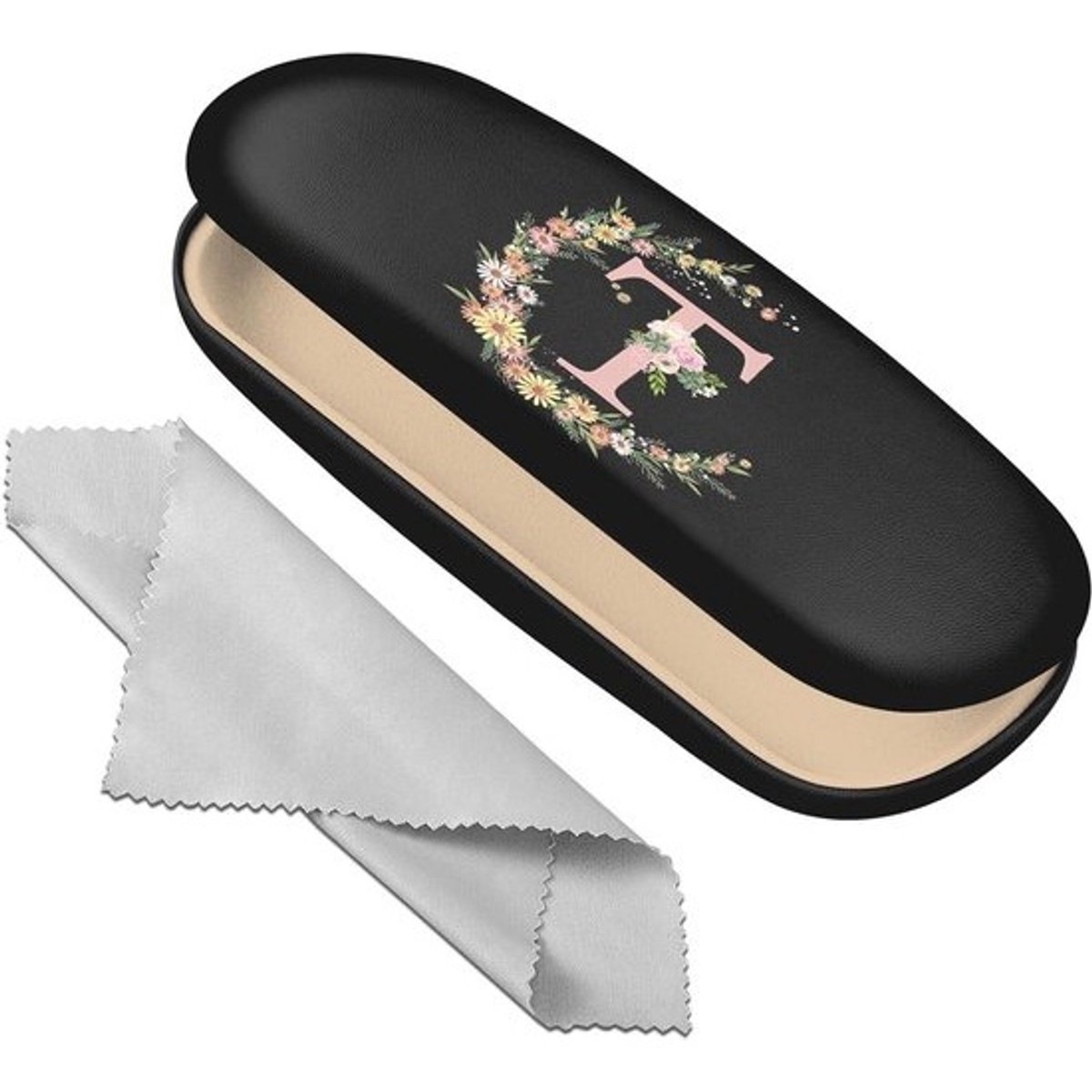 Harde brillenkoker met bescherming, schoonmaakdoek en schattig ontwerp voor dames en heren, Letter-T, One Size, ideaal voor brillen en zonnebrillen