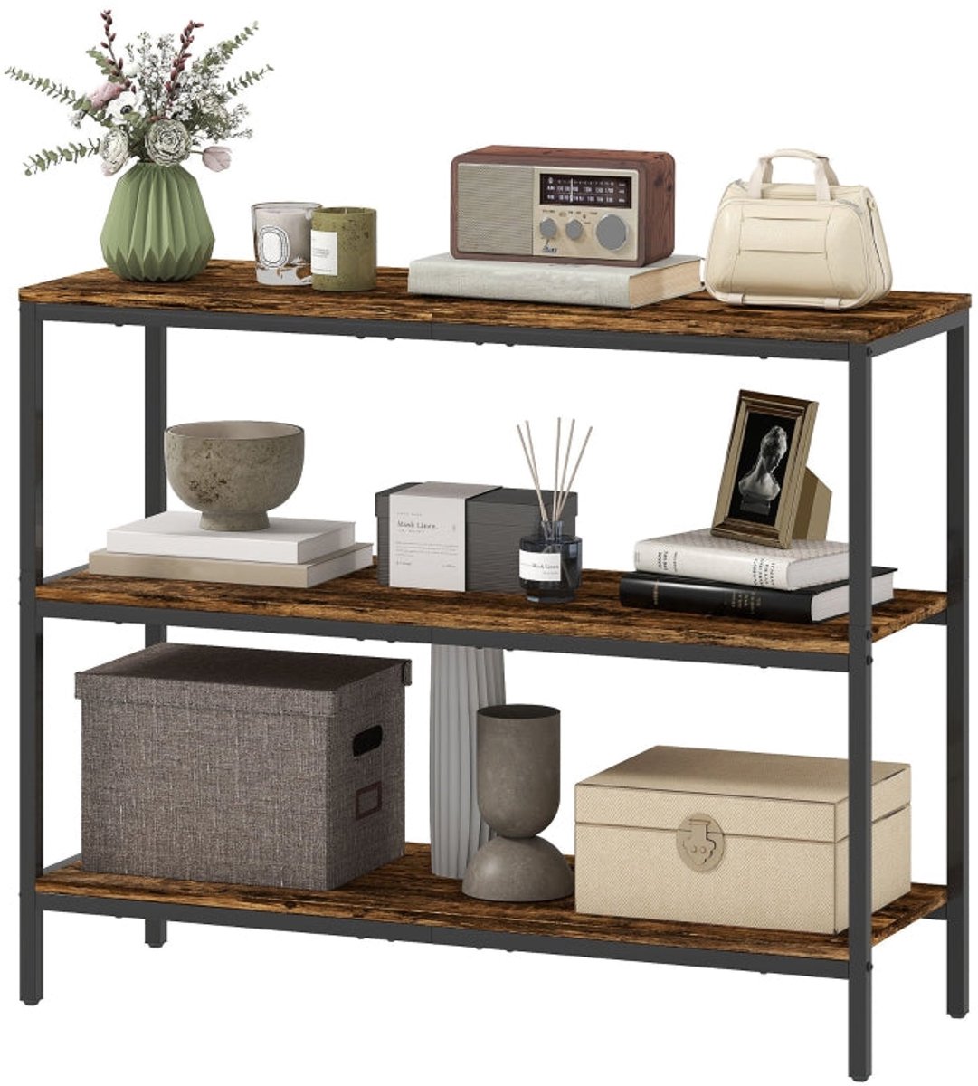 Merax Industriële Sidetable - Konsolentafel met 3 Planken - Smalle Haltafel - Houten Look en Metalen Frame - 101x35x80 cm