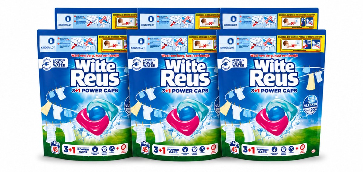 6 x Witte Reus - 3+1 Power Caps - Witte Was - 45 Wasbeurten - Voordeelverpakking - 6 stuks
