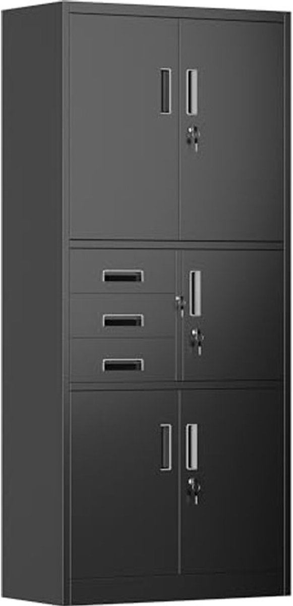 Metalen kantoor kast met 3 lades - Opbergruimte voor tijdschriften en gereedschap - 180 x 80 x 40 cm - Zwart