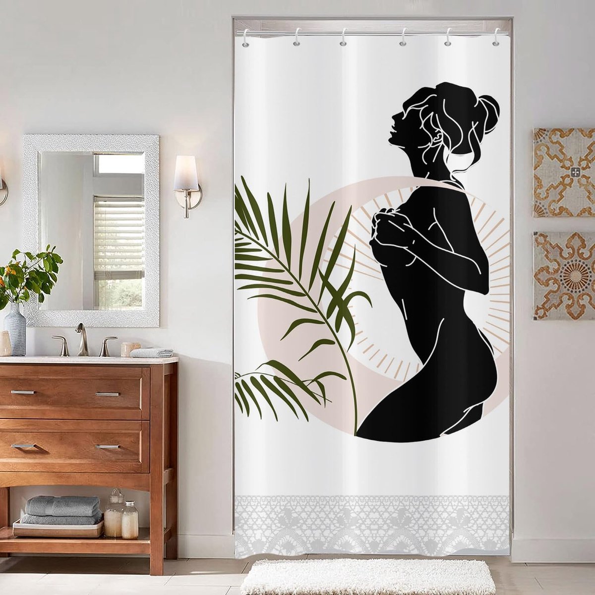 Douchegordijn 90x180 cm, Modern Abstract Kunst Meisje Groen Bladeren Wit Bad Wasbaar Smal Douchegordijn met ogen Polyester Textiel Waterdicht Douchegordijn voor Badkuip met 6 Haken