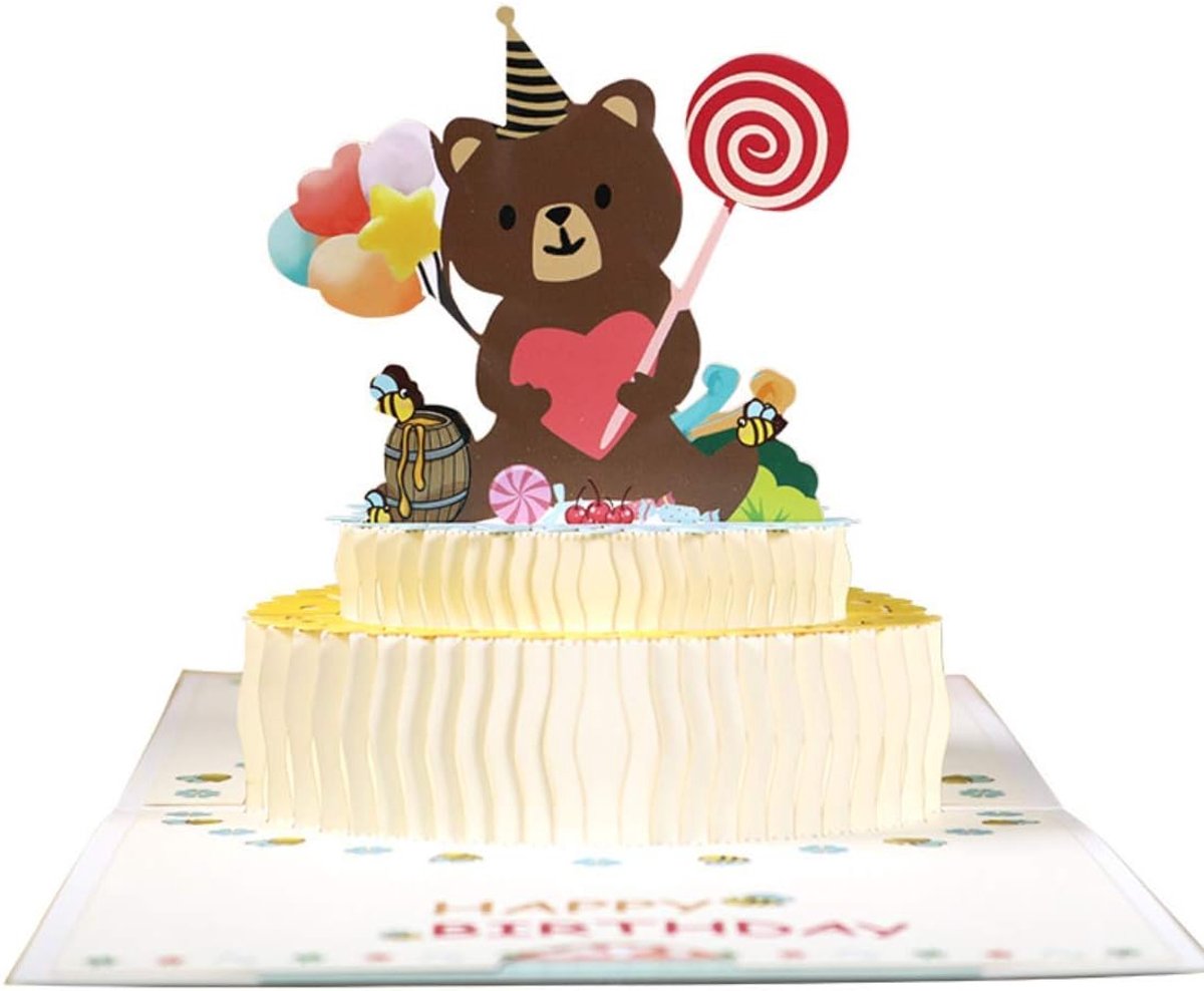 Kaart met verjaardagstaart, 3D-verjaardagskaart met kleine beer, Happy Birthday-kaart met envelop