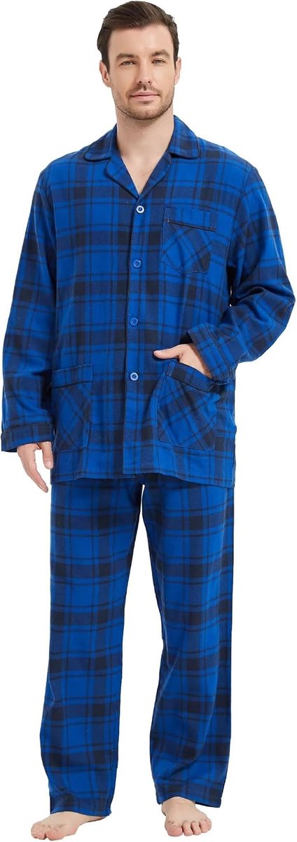 Pyjamaset voor heren van 100% katoenen flanel, geverfd garen, comfortabel, broek met zakken, tailleband met trekkoord, winterpyjama voor heren