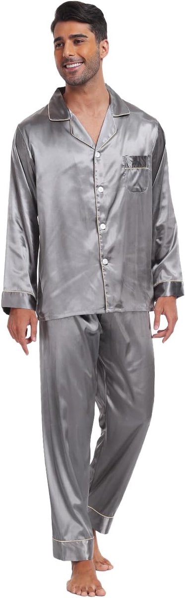 nachtkleding, satijn, lang, tweedelig, lange mouwen, knoopsluiting, huispak, pyjamabroek, zijde, loungewear met V-hals, knoopsluiting, zakken