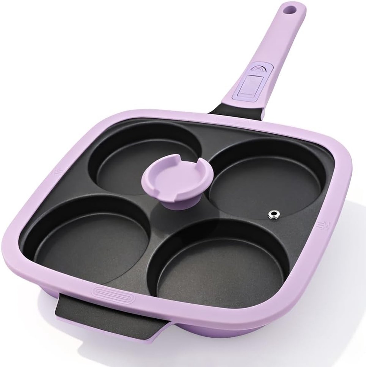 4-kops eierpan anti-aanbak met deksel, 26 x 24 cm grote pannenkoekenpan met afneembaar handvat, omelet koekenpan inductie compatibel voor ontbijt - Paars