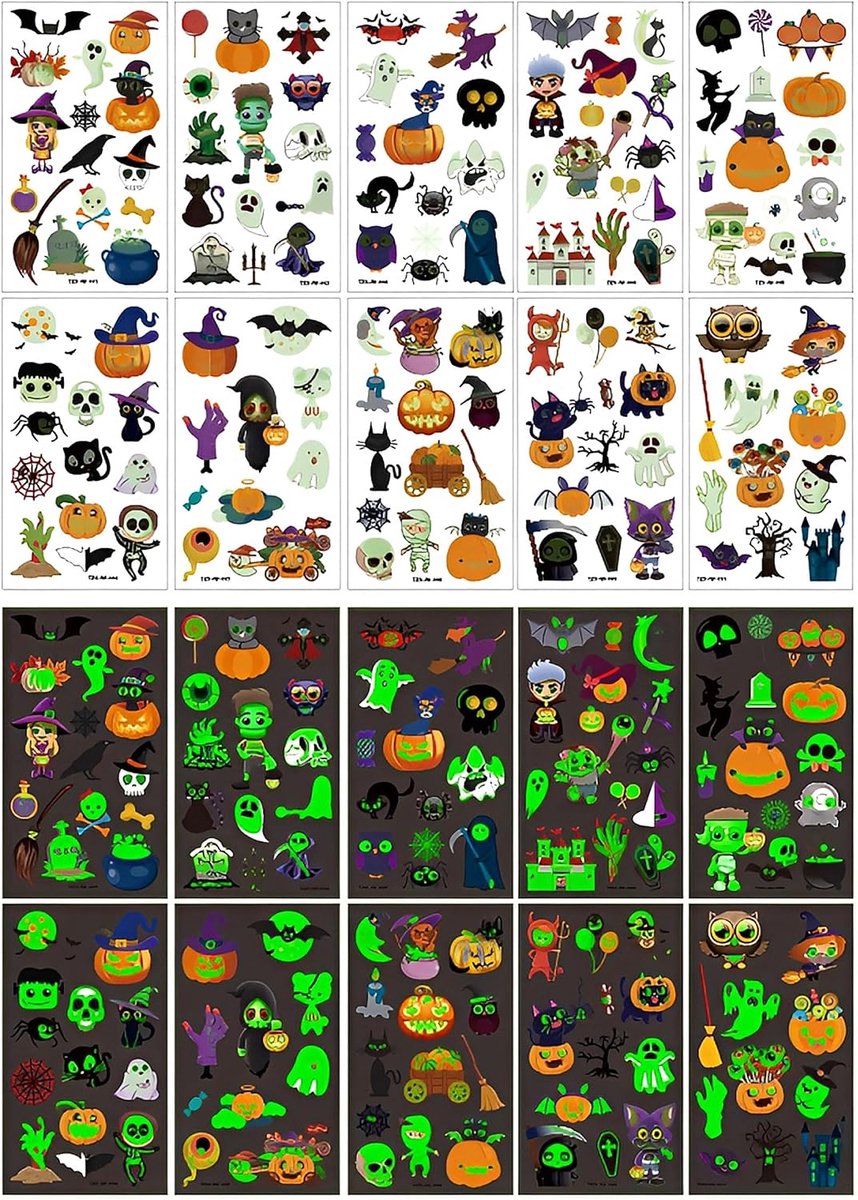 10 vellen Halloween-tattoos, oplichten in het donker, tijdelijke tattooset, lichtgevende tatoeages, stickers voor meisjes en jongens, Halloween-party, decoratie, accessoires, stijl A