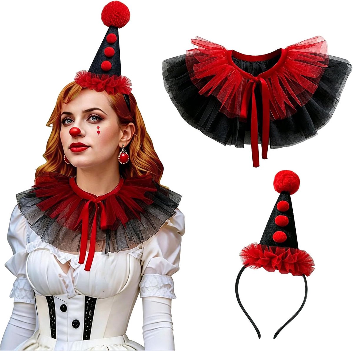 Clownhoed en ruches kraag set, 2 stuks Halloween clown accessoires voor carnaval Kerstmis Cosplay Party