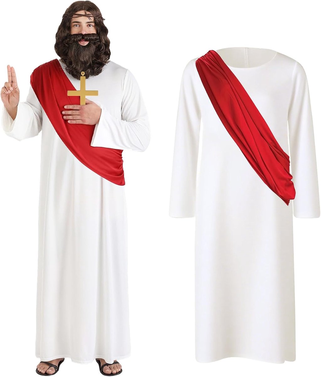 Christus kostuum, witte Jezus gewaad met rode sjerp en gouden halsketting, kruis, priester, spreker, bisschop volwassenen, Messias kostuum voor Kerstmis, Halloween, Pasen, party, cosplay