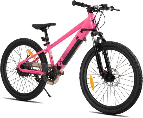 Roze kinder e-mountainbike met zwarte voorvork, wielen en zadel.