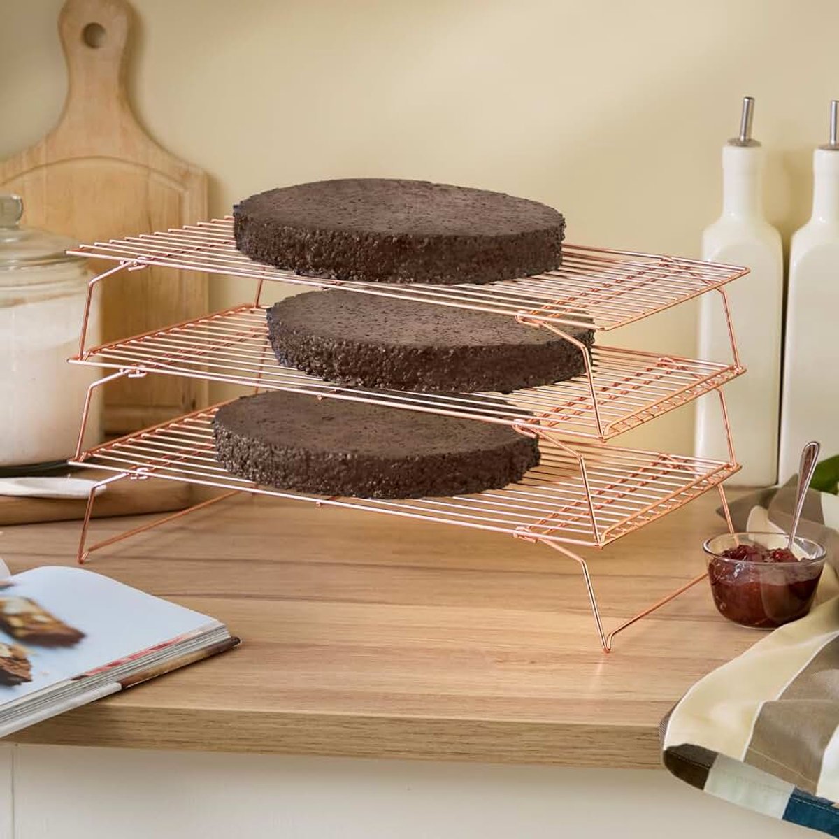 Afkoelrooster, 3-delige set, stapelbaar, taartrooster voor het afkoelen van koekjes, cakes enz., 3 afzonderlijke roosters ruimtebesparend inzetbaar, afkoelrooster, 3 verdiepingen