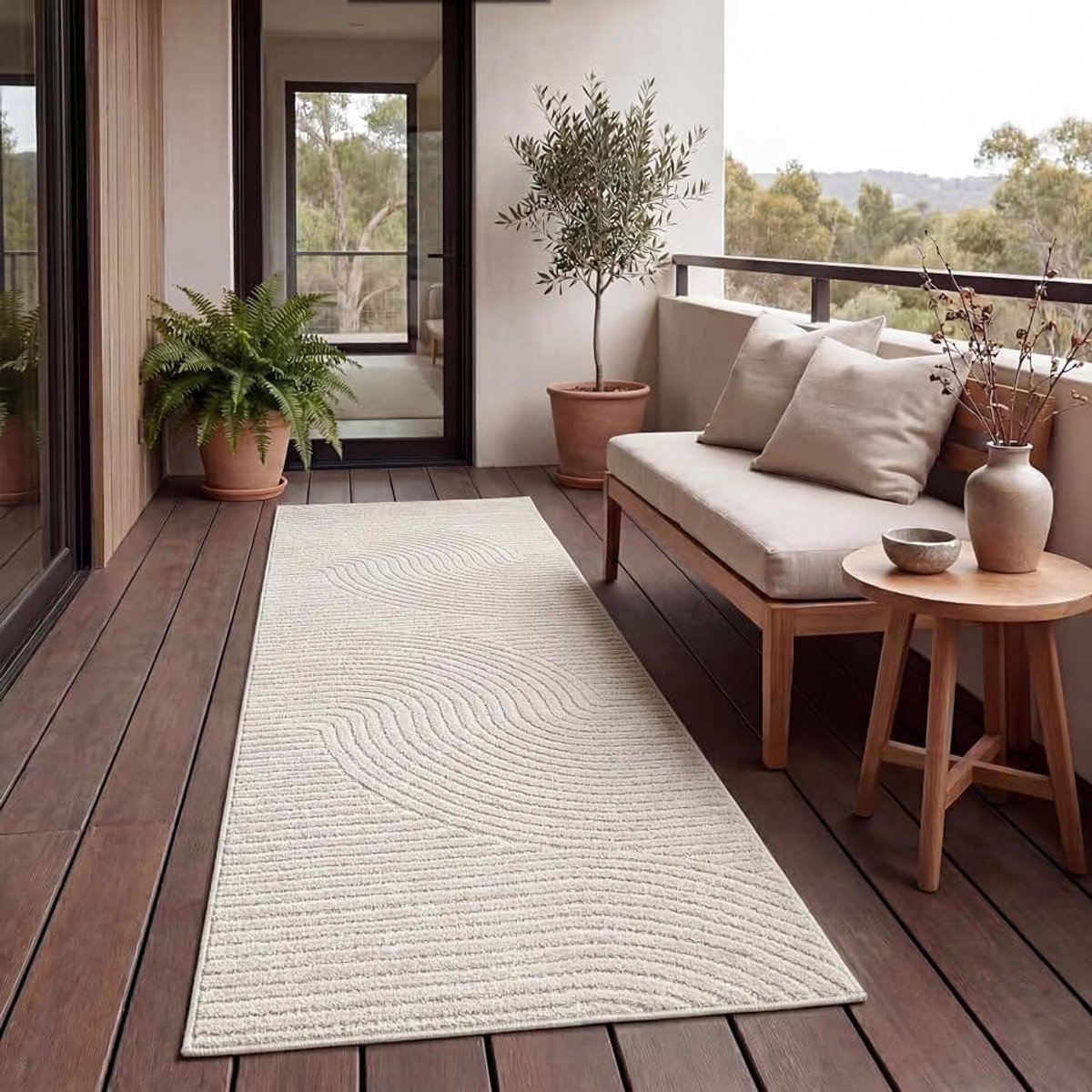 Home Buiten Vloerkleed Tapijt Voor Binnen En Buiten Balkon Terras Keuken Tapijt Patroon Scandinavisch Boho Eenkleurig, Maat:80x250 cm, Kleur:Crème 2