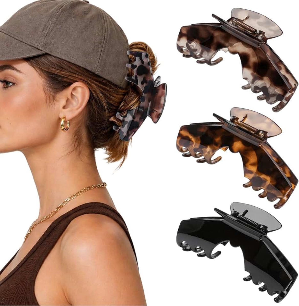 3 stuks Haarclips voor dames, Grote haarclip voor honkbalpetten, Antislip haarspeld dik haar, Sterke grip haarspeld set, Accessoires trucker petten (Luipaard Zwart)