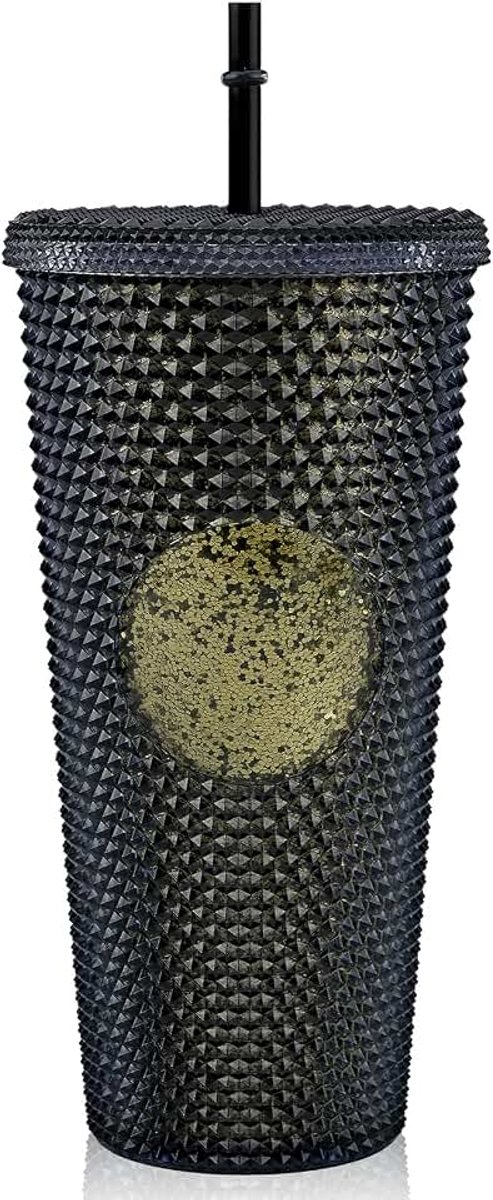 Jodsen 710 ml glas met klinknagels met deksel en rietje, ijsbeker met paar, glas met klinknagels, grote reisbeker voor kinderen en volwassenen (zwart)
