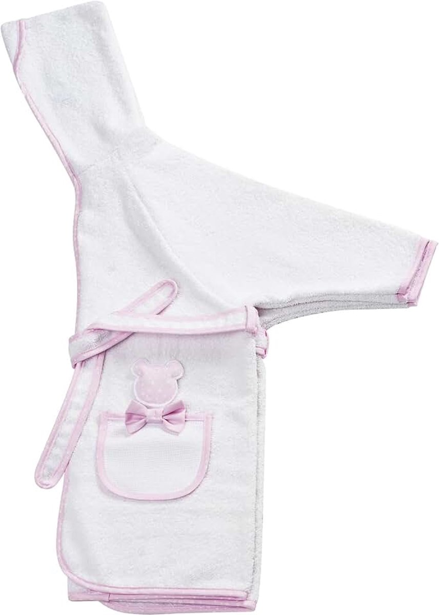 Filet Badjas met mouwen en capuchon, geschikt voor kinderen (max. 2 jaar), zachte badstof, 100% katoen, Italiaans product - wit, roze