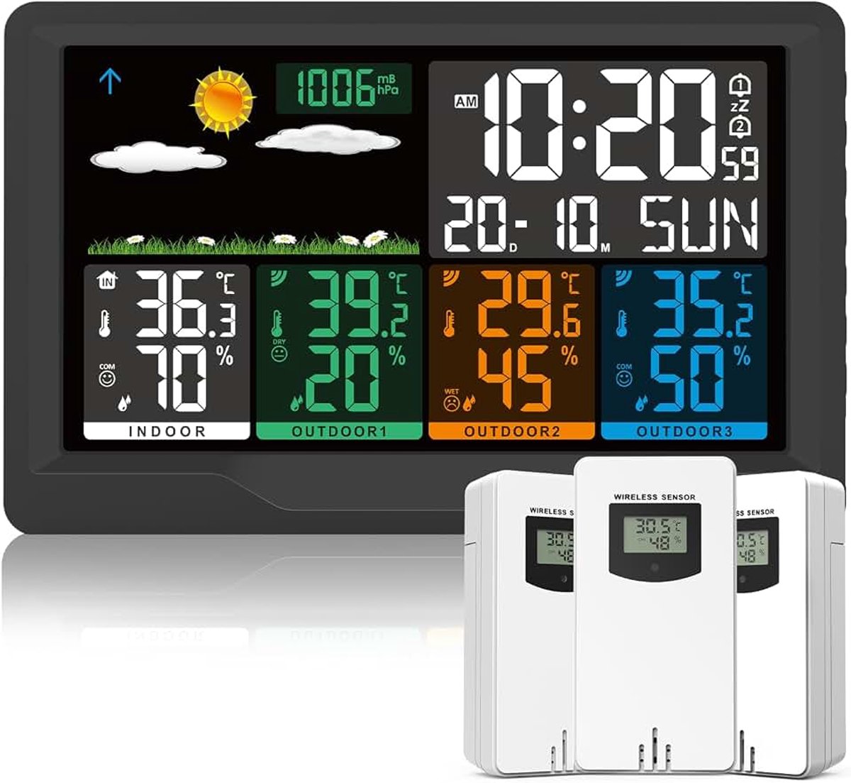 Weerstation met buitensensor, draadloos weerstation met 3 buitensensoren, 7,5 inch VA-kleurendisplay, draadloos weerstation met DCF-radioklok, binnen- en buitentemperatuur, luchtvochtigheid